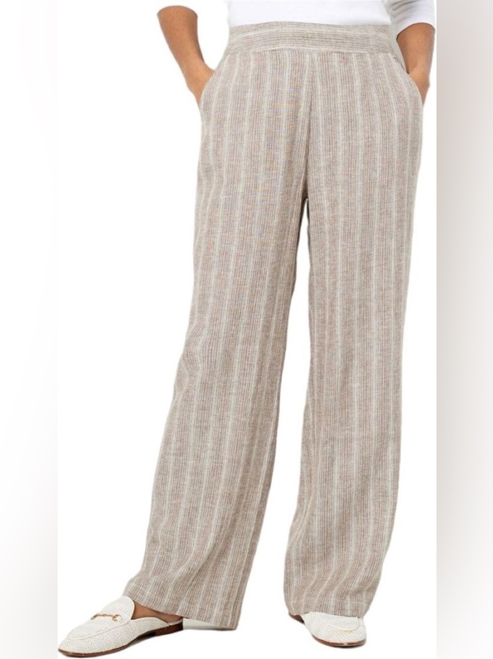 Bridgehampton Isaac Mizrahi live Beige Striped Wide-Leg Knit Pants small petite